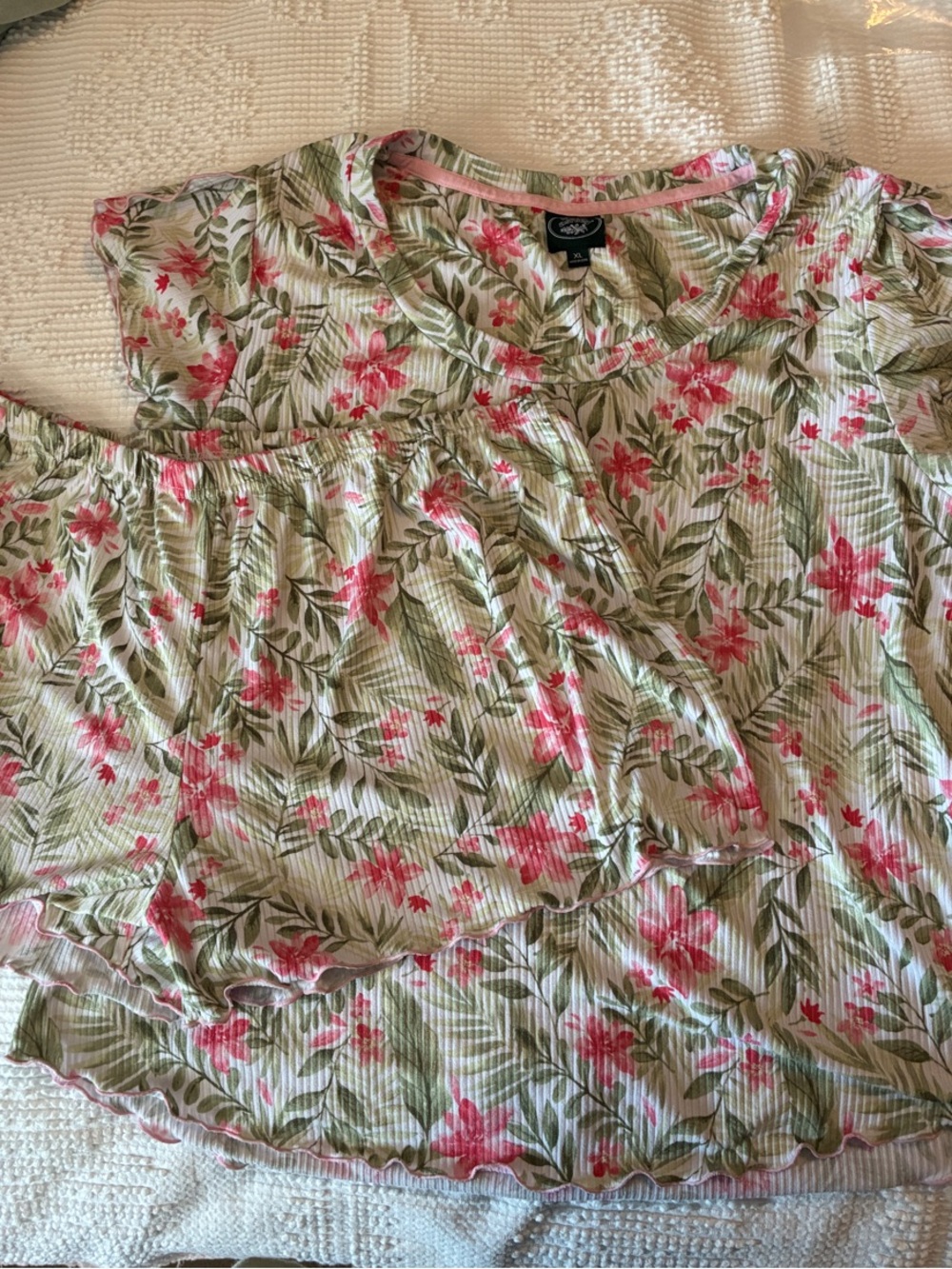 Laura Ashley Pink Floral & Green Stripe Short Sleeve Pajama Set